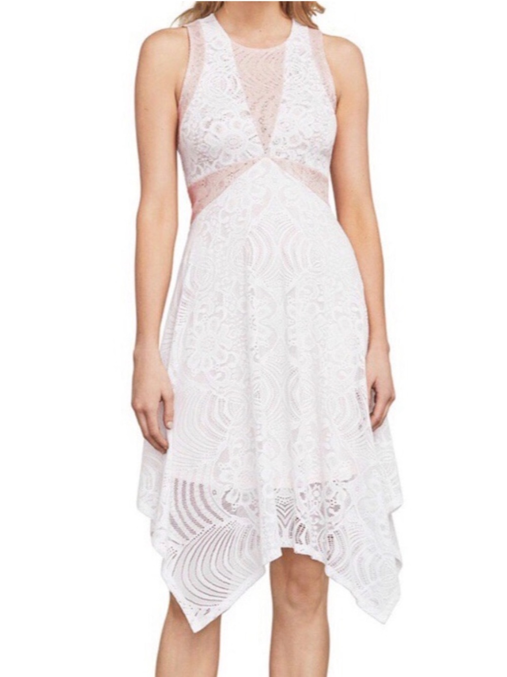 BCBGMAXAZRIA Meilani White Pink Lace Midi Dress M Sleeveless A-Line NWT